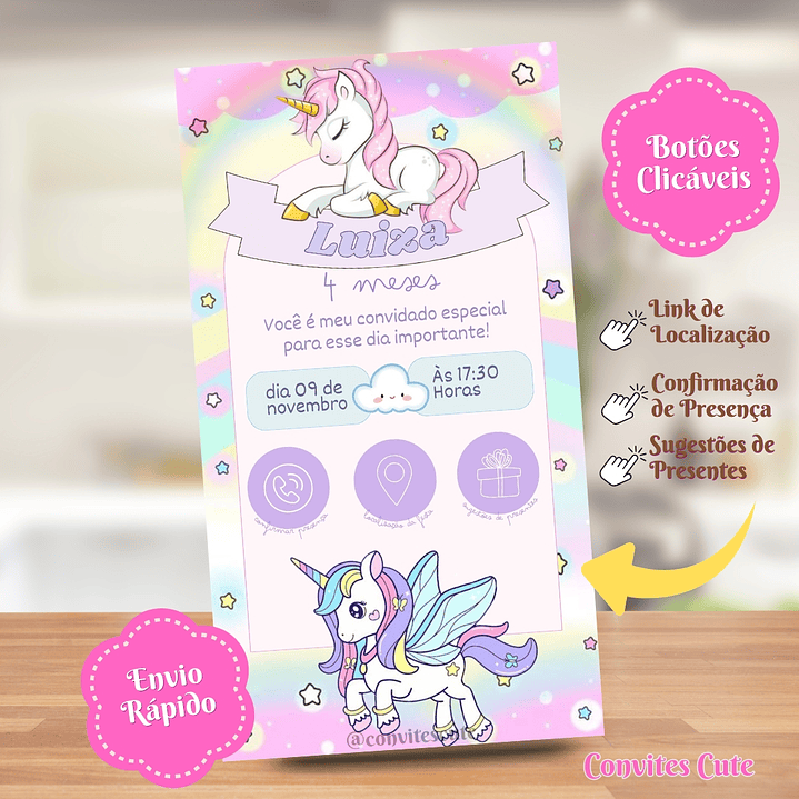 Convite Interativo (COM ou SEM) Sugestão de Presente - Unicórnio  2