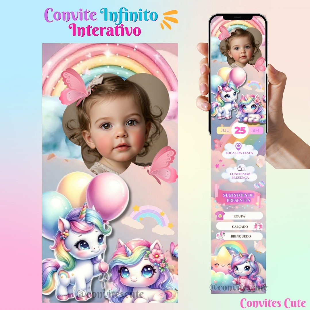 Convite Infinito Interativo Unicórnio (Com foto) 2