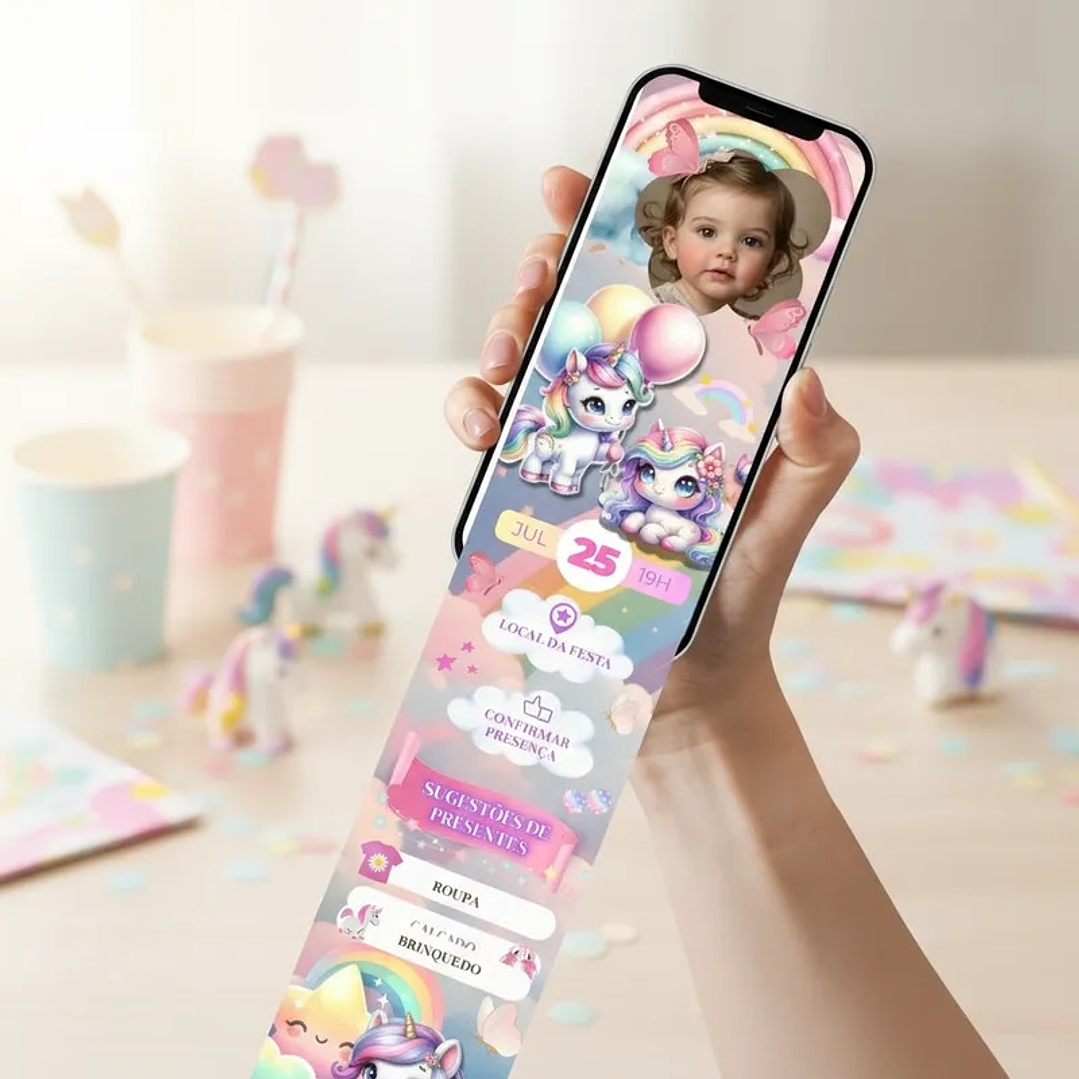 Convite Infinito Interativo Unicórnio (Com foto) 1