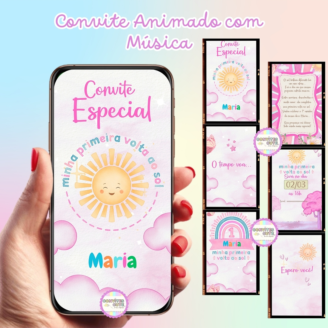 Convite Animado com Música - Primeira Volta ao Sol 365 dias meninas 1