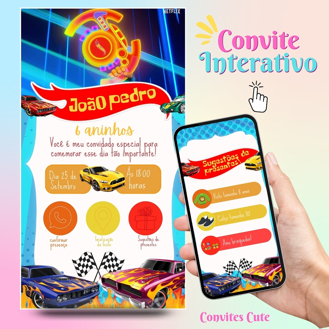 Convite Interativo (COM ou SEM) Sugestão de Presente - Hot Wheels 1