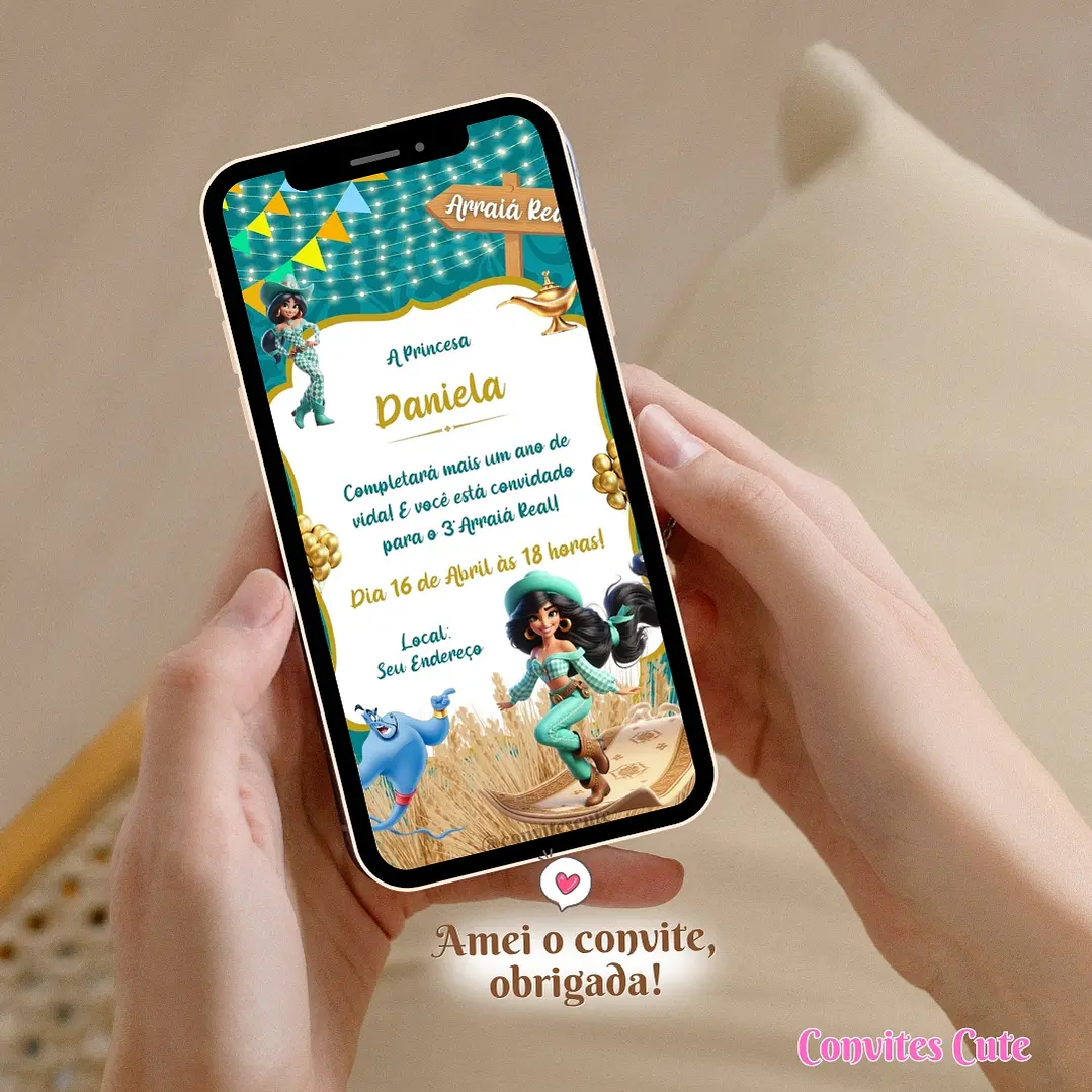 Convite Digital Arraia Festa Junina Aladdin Jasmine  3