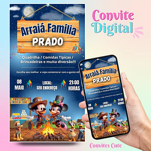 Convite Digital Arraia Festa Junina Mickey e Minnie 