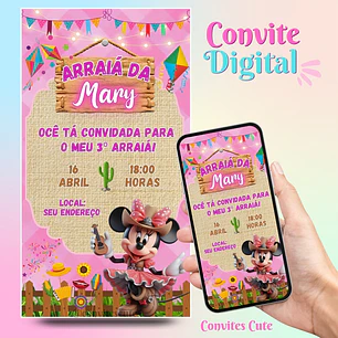 Convite Digital Arraia Festa Junina Minnie Rosa