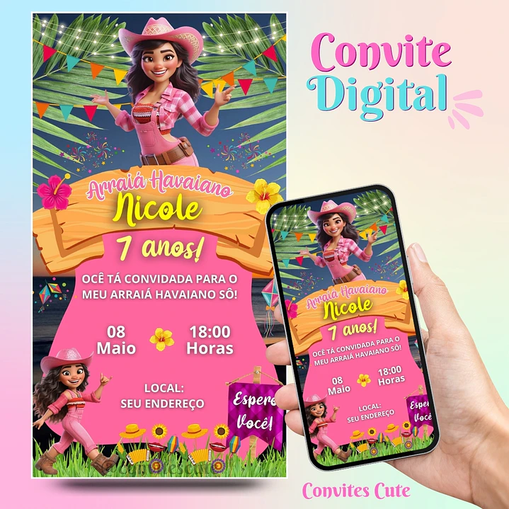 Convite Digital Arraia Festa Junina Havaiano Moana 1