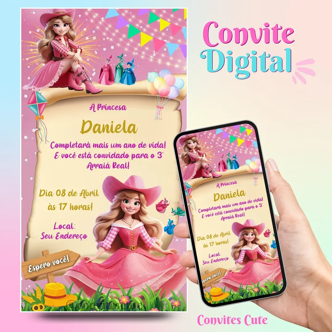 Convite Digital Arraia Festa Junina Bela Adormecida Princesa Aurora 1