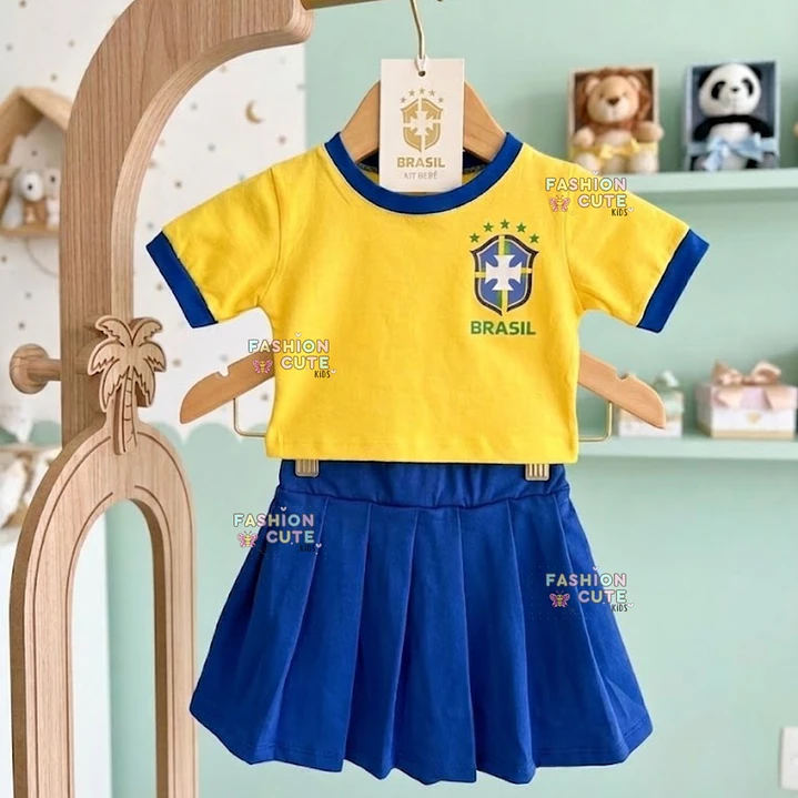  Conjunto Roupa do Brasil Fantasia Meninas Infantil Juvenil Blogueirinha Torcedora Brasileira Copa do Mundo 2