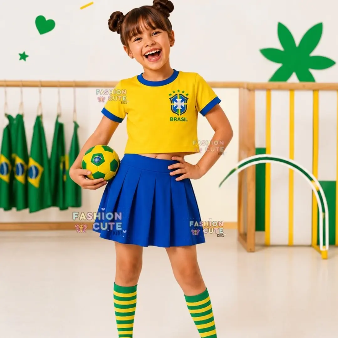  Conjunto Roupa do Brasil Fantasia Meninas Infantil Juvenil Blogueirinha Torcedora Brasileira Copa do Mundo 1