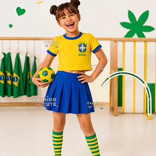  Conjunto Roupa do Brasil Fantasia Meninas Infantil Juvenil Blogueirinha Torcedora Brasileira Copa do Mundo