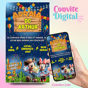 Convite Digital Arraia Festa Junina Mickey e Minnie