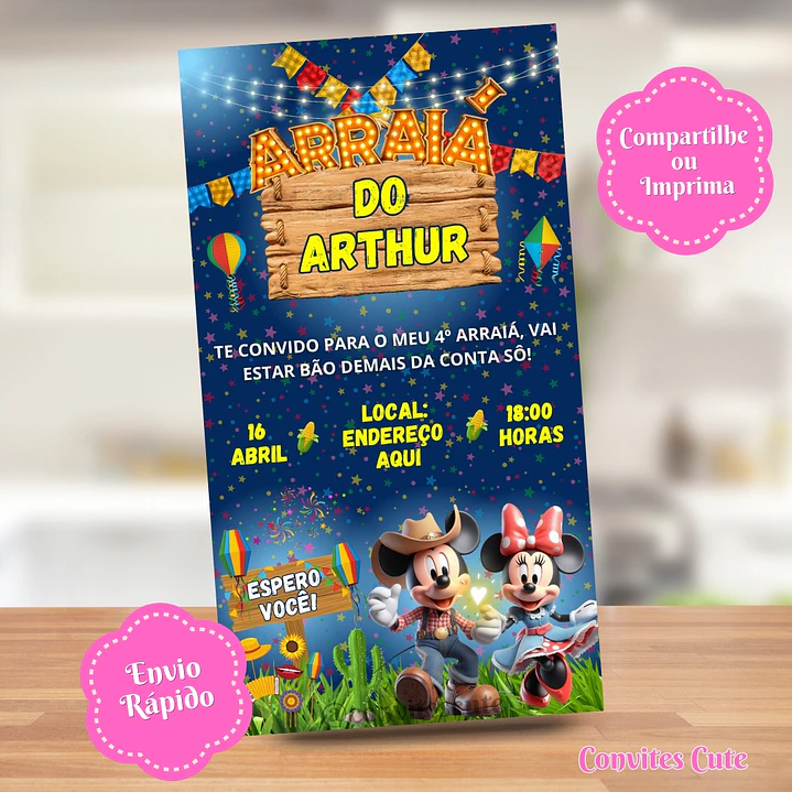 Convite Digital Arraia Festa Junina Mickey e Minnie 2