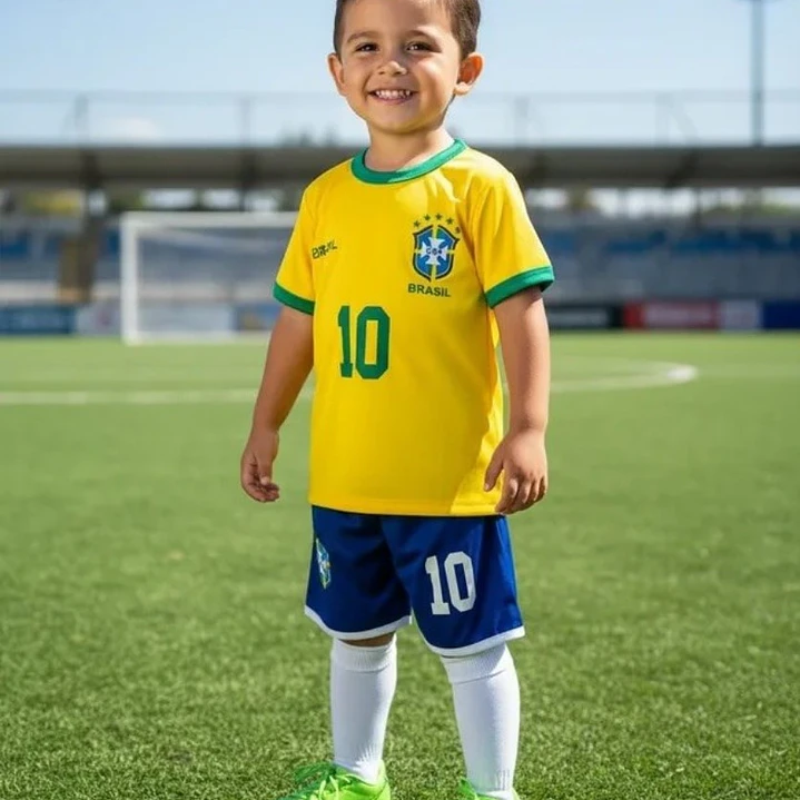  Conjunto Roupa Uniforme do Brasil Fantasia Futebol Meninos Meninas Infantil Torcedor Brasileiro Copa do Mundo 9