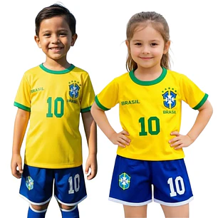  Conjunto Roupa Uniforme do Brasil Fantasia Futebol Meninos Meninas Infantil Torcedor Brasileiro Copa do Mundo
