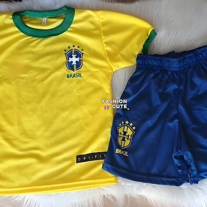  Conjunto Roupa Uniforme do Brasil Fantasia Futebol Meninos Meninas Infantil Torcedor Brasileiro Copa do Mundo  3