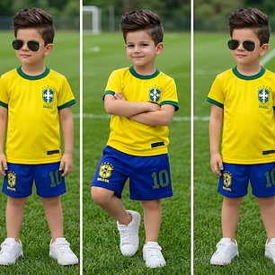  Conjunto Roupa Uniforme do Brasil Fantasia Futebol Meninos Meninas Infantil Torcedor Brasileiro Copa do Mundo 