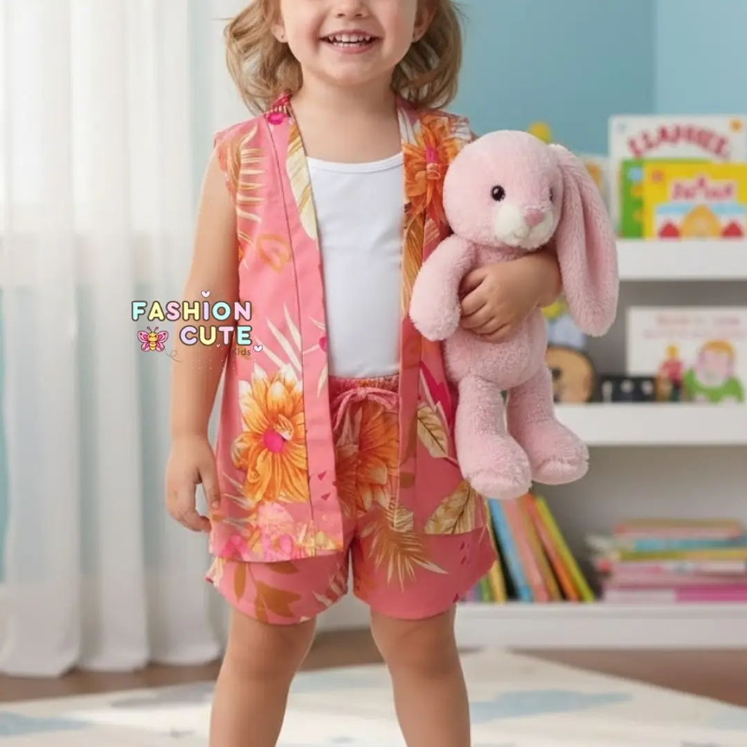 Conjunto Infantil Trio Kimono Floral Meninas Combinadinho Rosê  4
