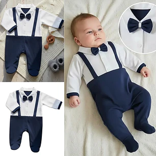 Macacão Bebê Estilo Social Menino Gravata Suspensório 0-3 Meses