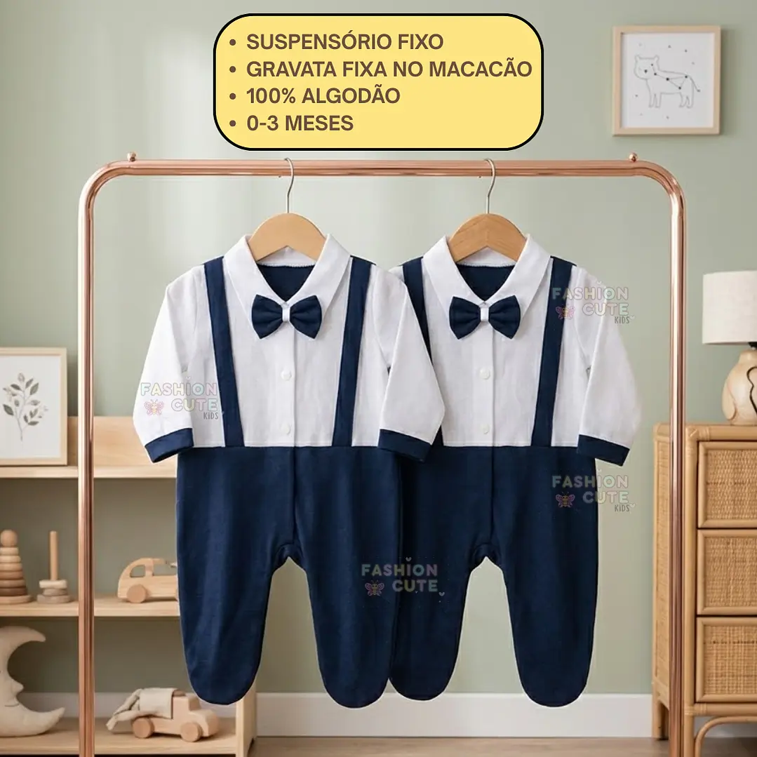 Macacão Bebê Estilo Social Menino Gravata Suspensório 0-3 Meses 4