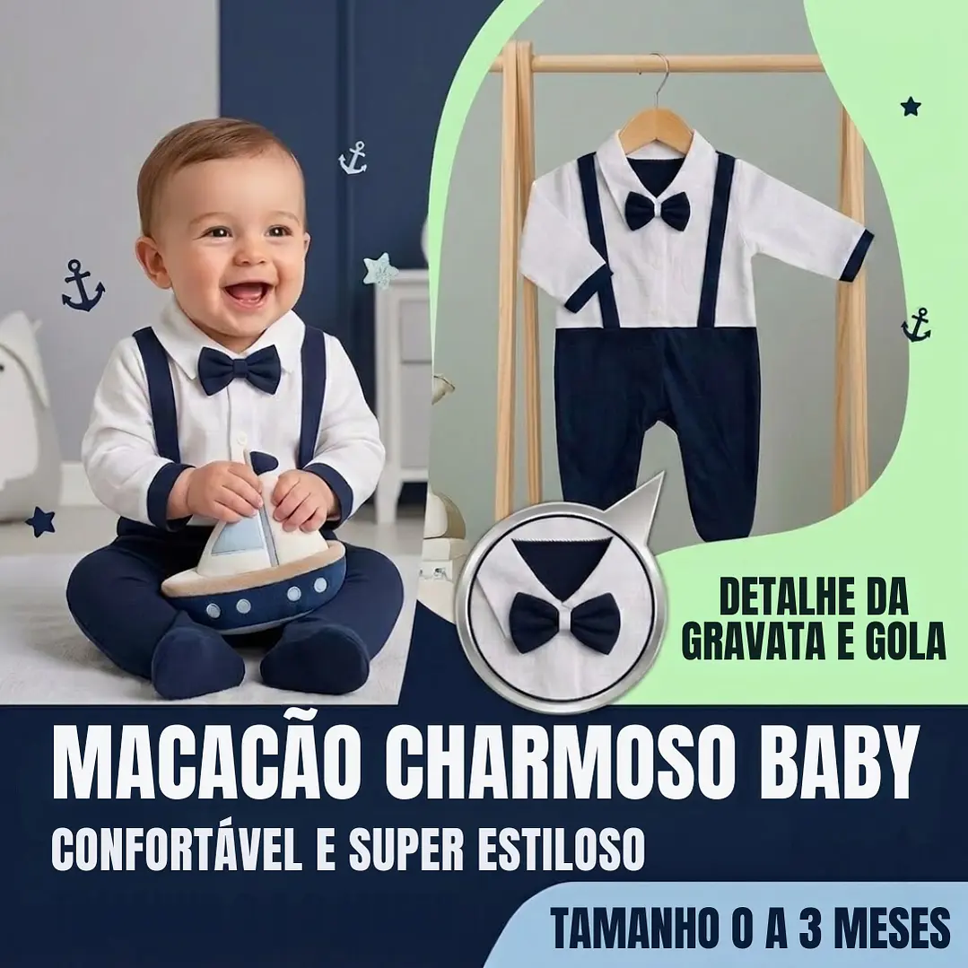 Macacão Bebê Estilo Social Menino Gravata Suspensório 0-3 Meses 6