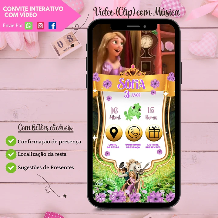 Convite Interativo com Vídeo (COM ou SEM Sugestão de Presente) - Rapunzel Enrolados 3