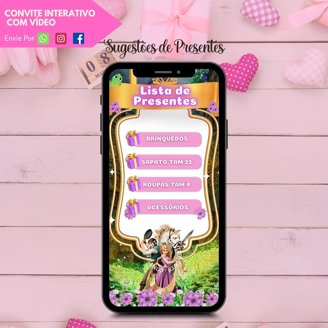 Convite Interativo com Vídeo (COM ou SEM Sugestão de Presente) - Rapunzel Enrolados 4