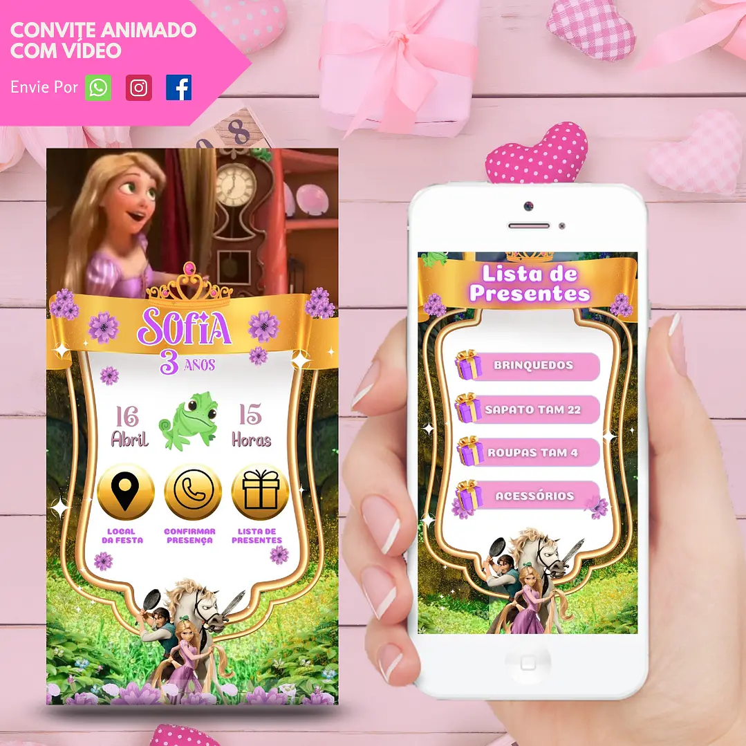 Convite Interativo com Vídeo (COM ou SEM Sugestão de Presente) - Rapunzel Enrolados 1
