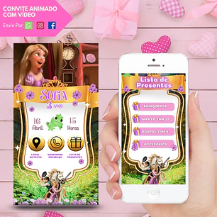 Convite Interativo com Vídeo (COM ou SEM Sugestão de Presente) - Rapunzel Enrolados