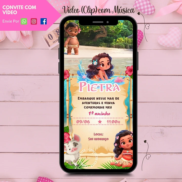 Convite Animado com Vídeo Moana 2