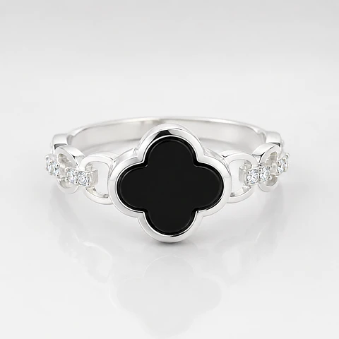 Anillo trébol de la suerte con ónix en plata 925 — Talla 12