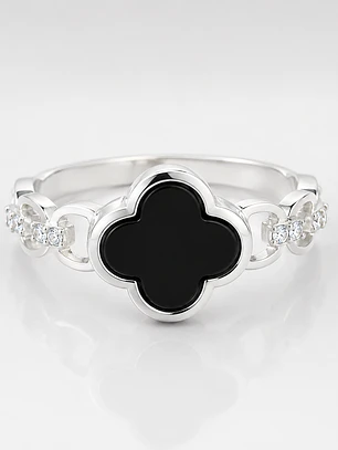Anillo trébol de la suerte con ónix en plata 925 — Talla 12