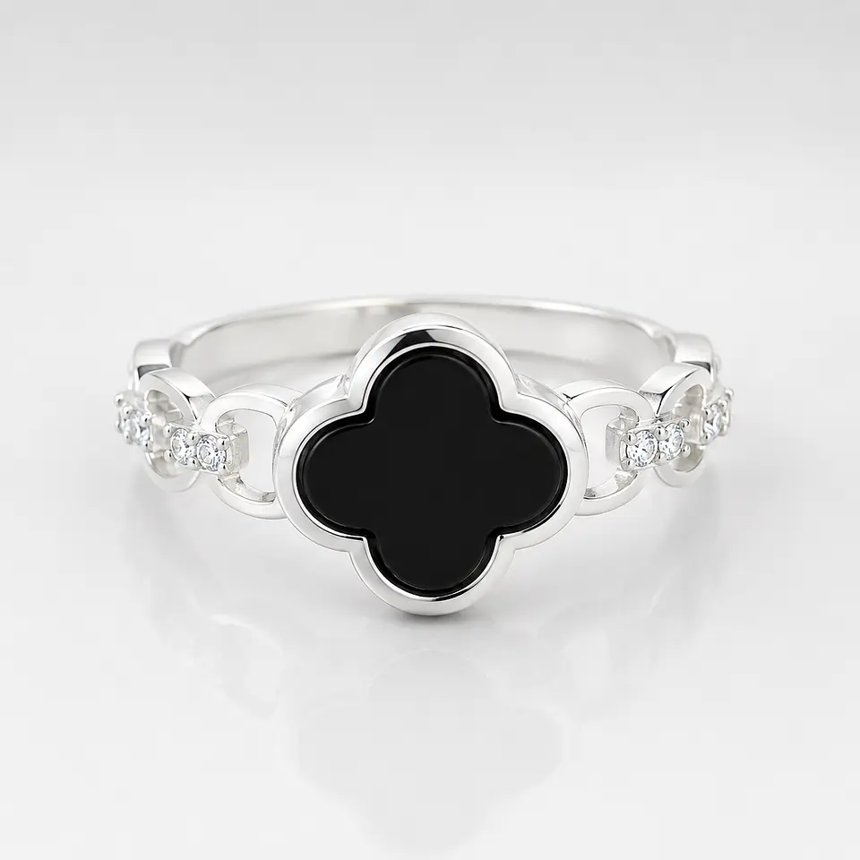 Anillo trébol de la suerte con ónix en plata 925 — Talla 12 1