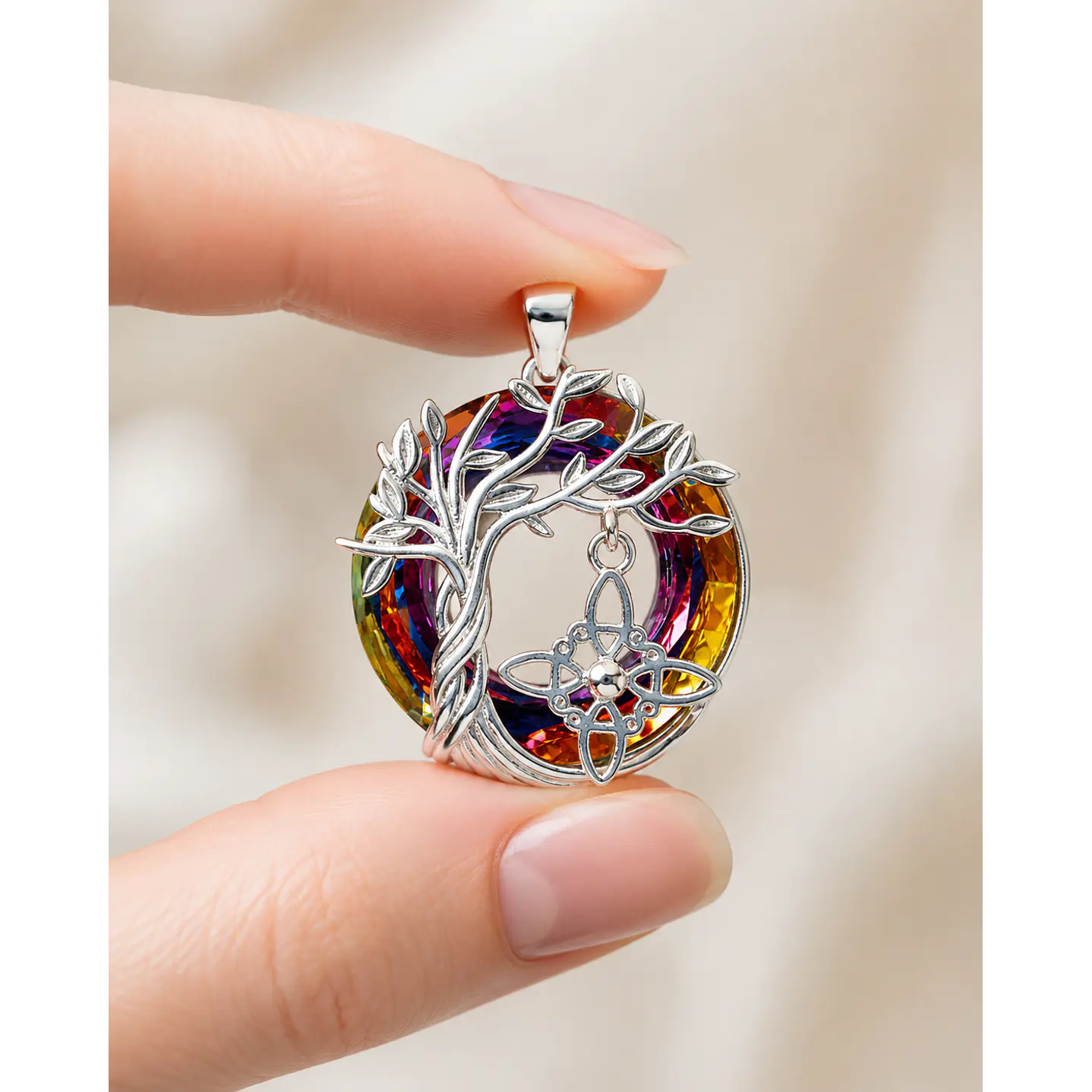 Colgante árbol de la vida y nudo de brujas con cristal tornasol en plata 925 1