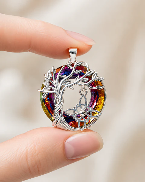 Colgante árbol de la vida y nudo de brujas con cristal tornasol en plata 925