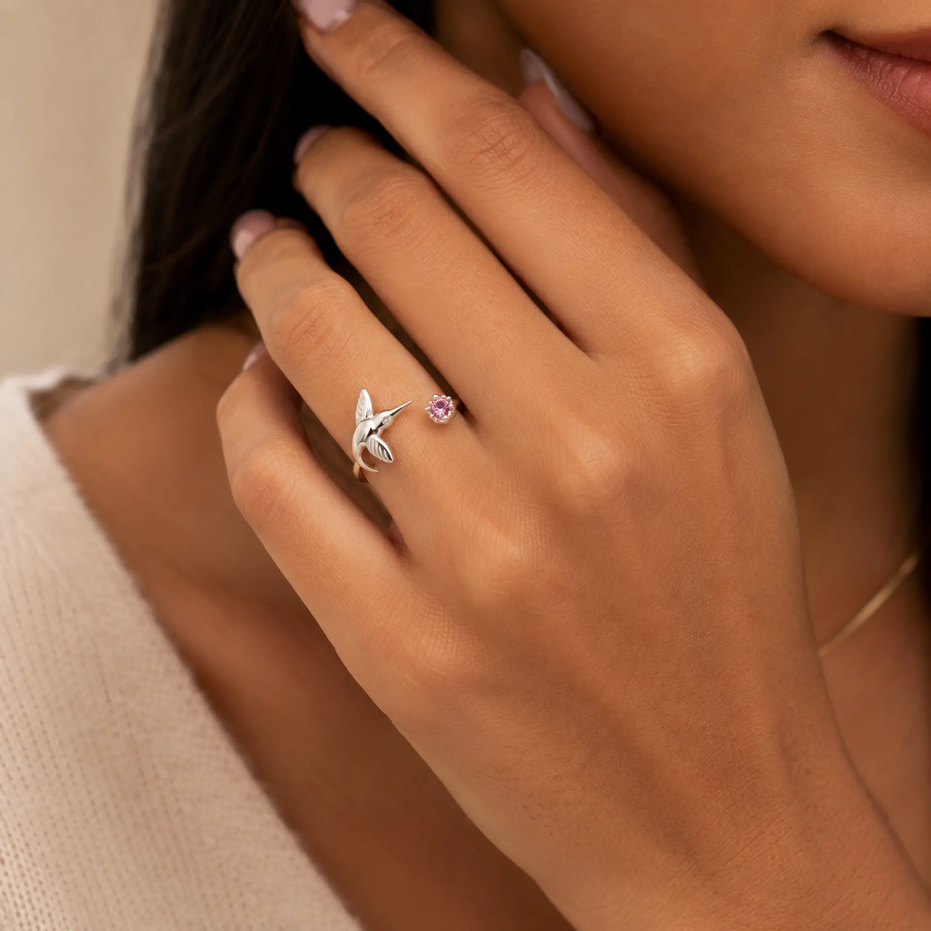 Anillo colibrí con circón rosa en plata 925 2