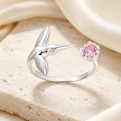 Anillo colibrí con circón rosa en plata 925