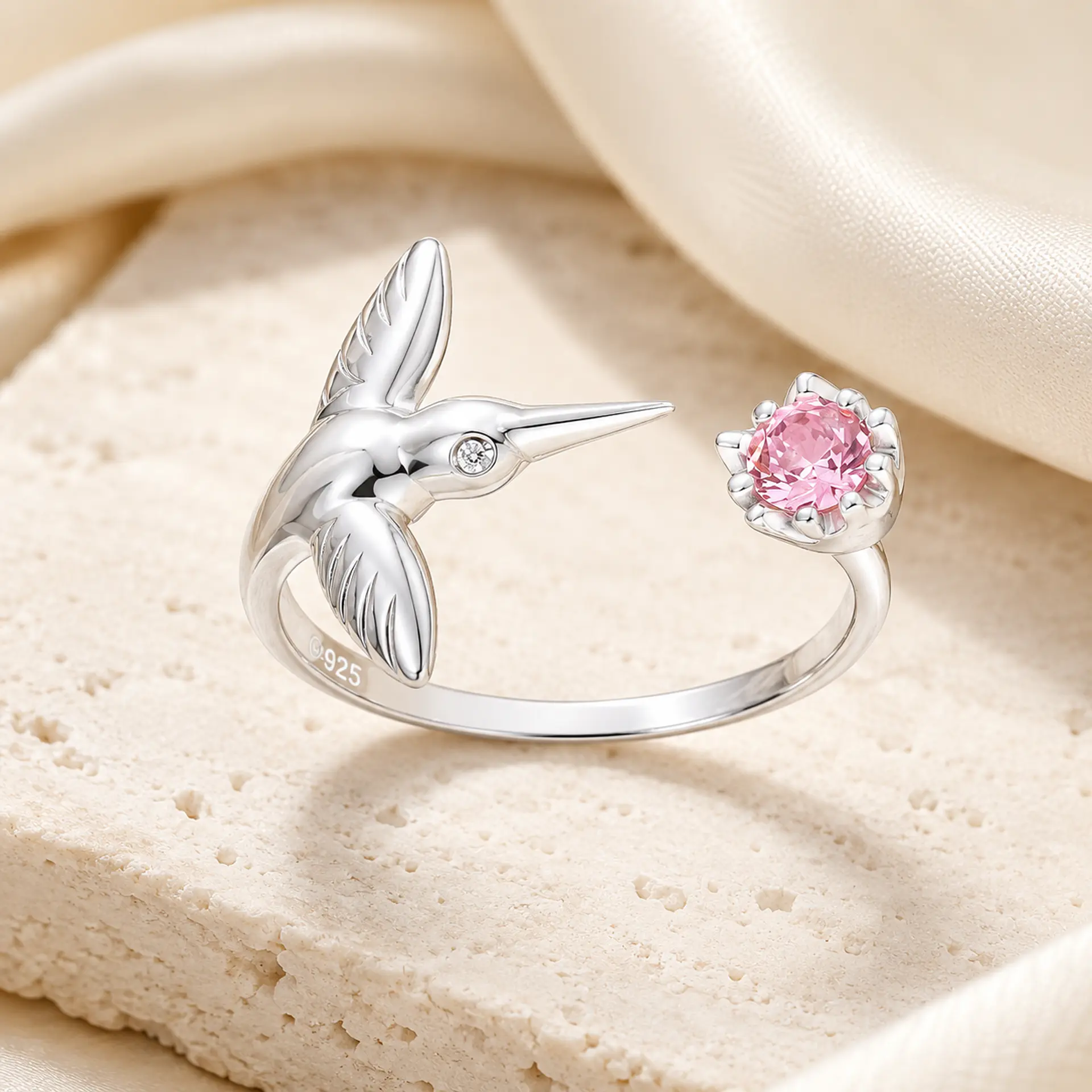 Anillo colibrí con circón rosa en plata 925 1