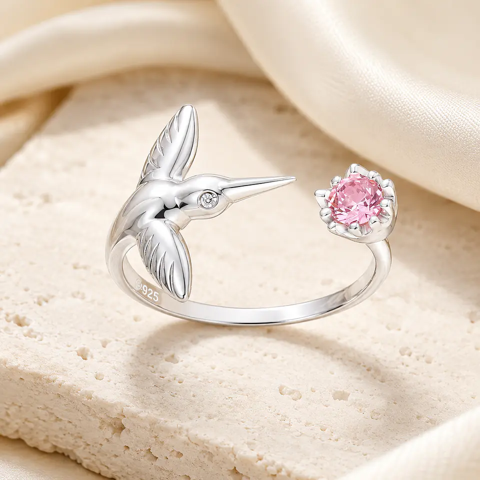 Anillo colibrí con circón rosa en plata 925 1