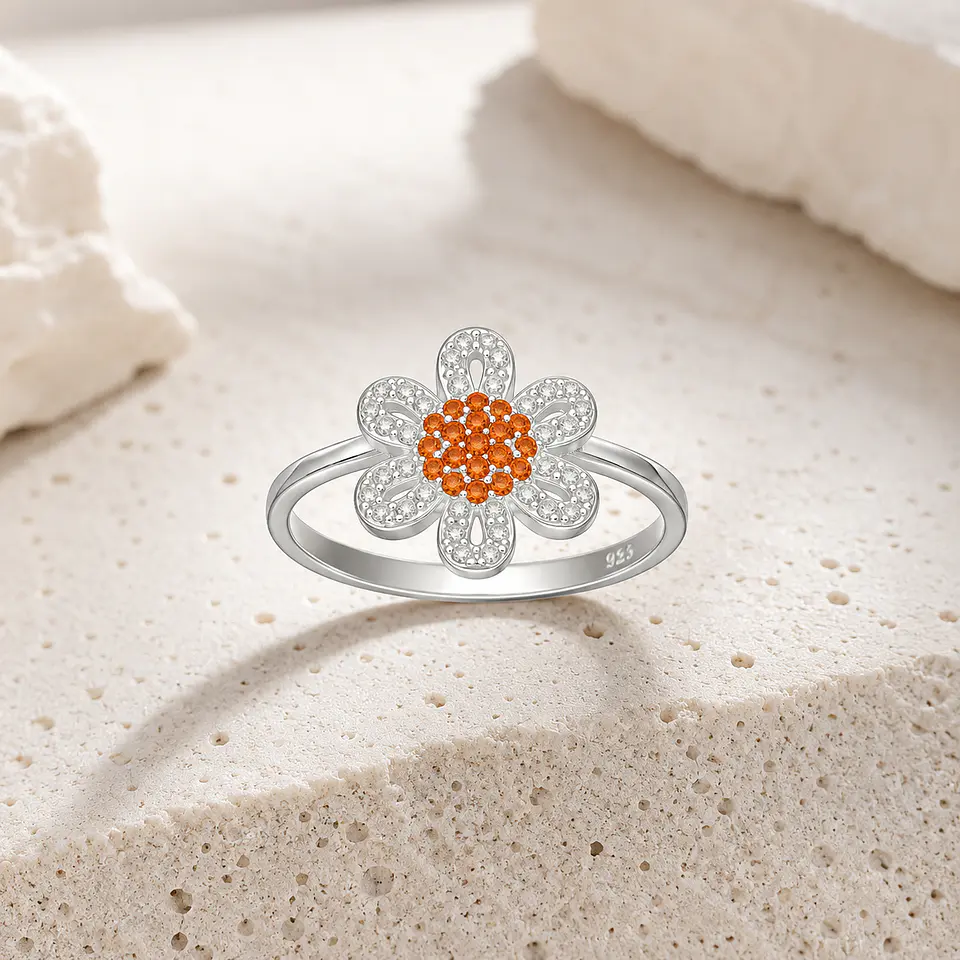 Anillo flor con circones granate y naranja en plata 925 - talla 17 1