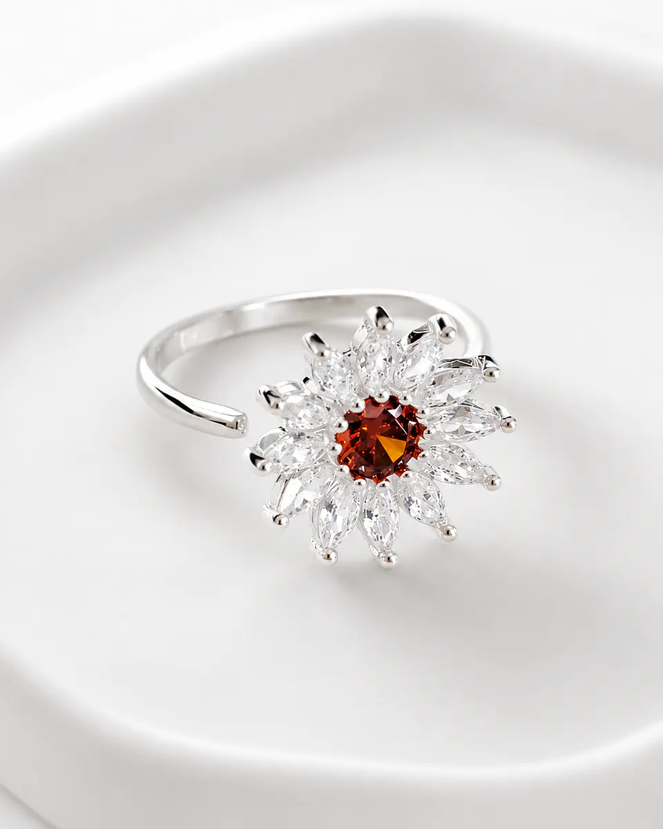 Anillo flor ajustable con circones en plata 925 - talla 14 2