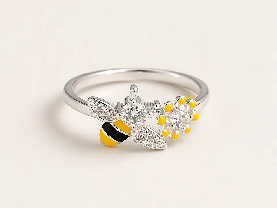 Anillo abeja y flor esmaltado ajustable en plata 925 1