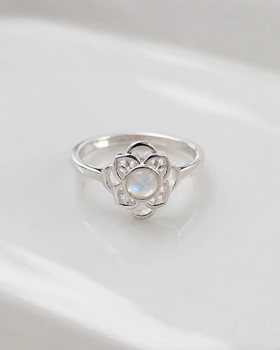 Anillo flor con piedra luna en plata 925 2