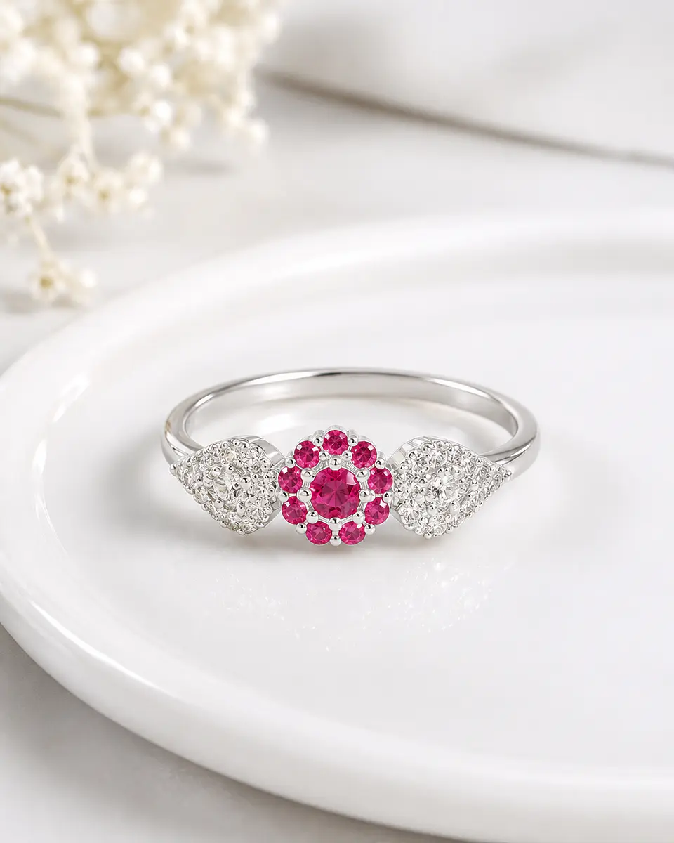 Anillo flores con circones rubí en plata 925 1
