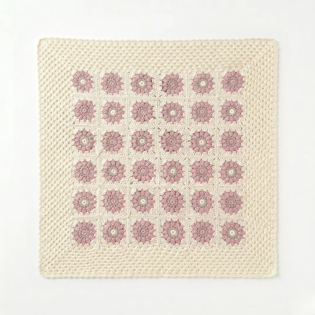 Manta de Crochet 100% Algodón Flores Rosada 2