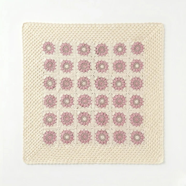 Manta de Crochet 100% Algodón Flores Rosada 2