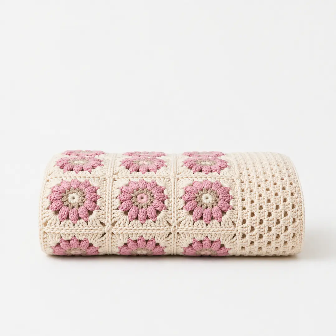 Manta de Crochet 100% Algodón Flores Rosada 1