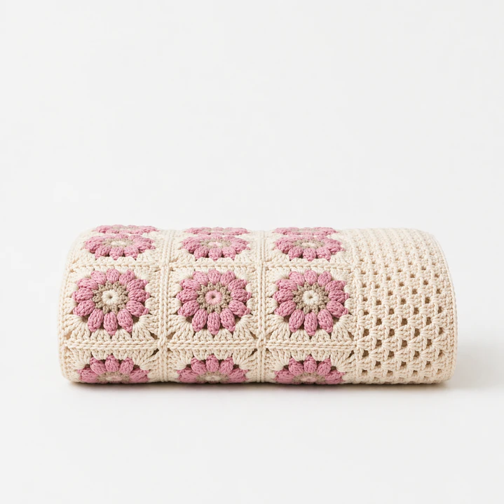 Manta de Crochet 100% Algodón Flores Rosada 1