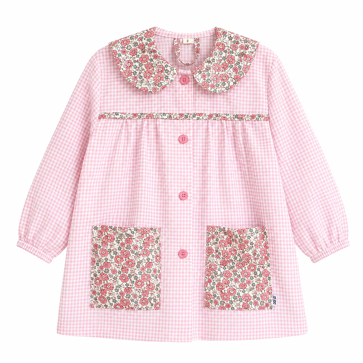 Delantal Flores Vichy Rosado - Luf Kids 1