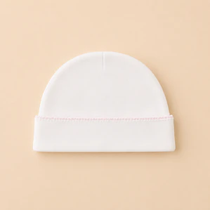 Gorro Primera Puesta Algodón Pima Blanco bordado Rosado - Emilia Mia