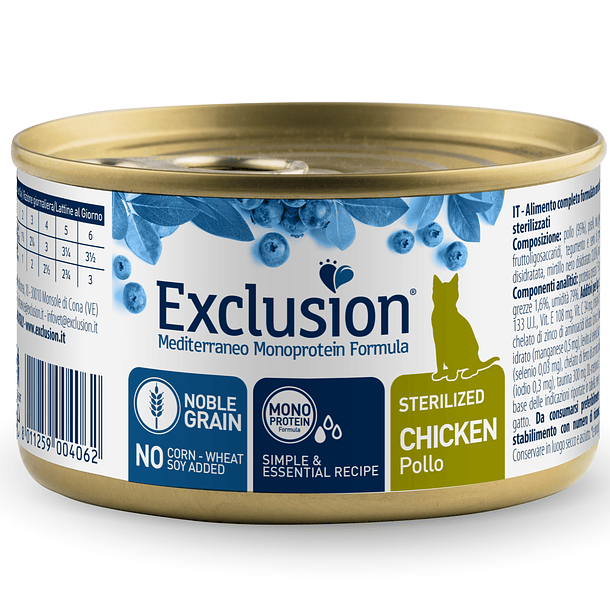 Lata Exclusion Noble Grain Frango Gato Esterilizado 85g