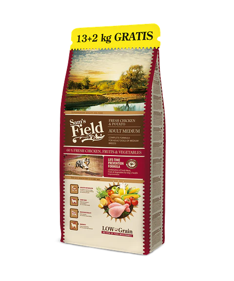 Sam's Field Low Grain Frango e Batata Adulto Médio 13Kg + 2Kg Grátis